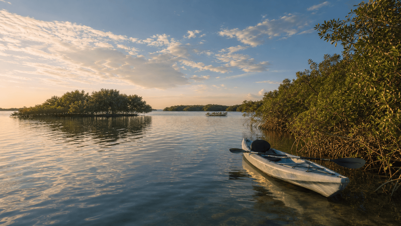 Kayak on water between mangroves