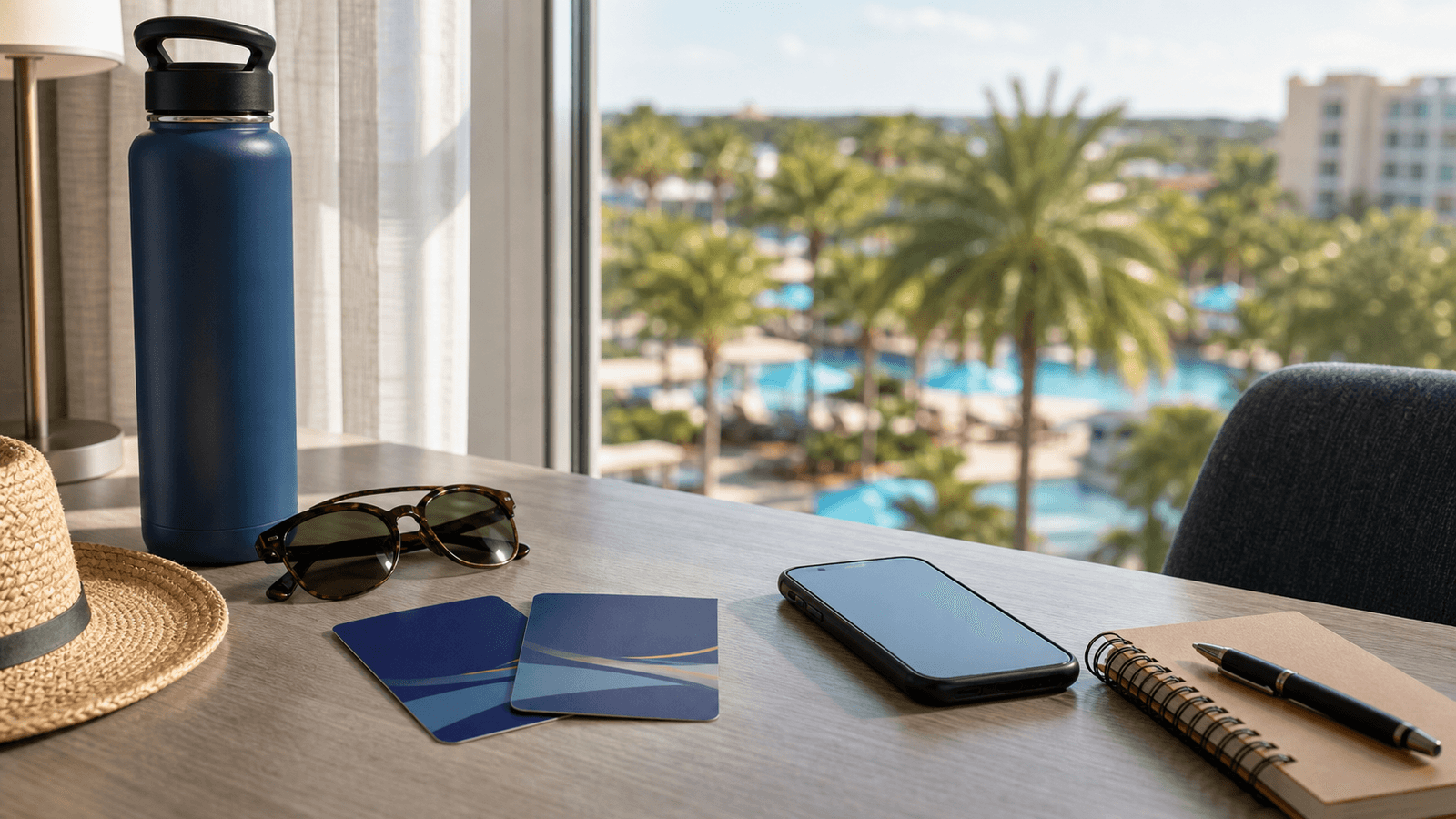 Notebook, water bottle and unlabelled cards at a hotel window