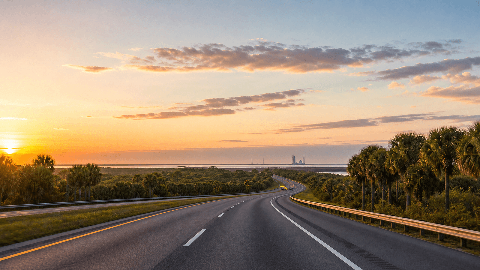 Road toward the coast in low sunlight