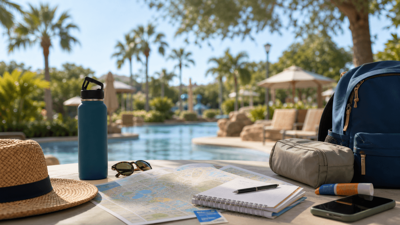 Map, hat and water bottle beside a pool