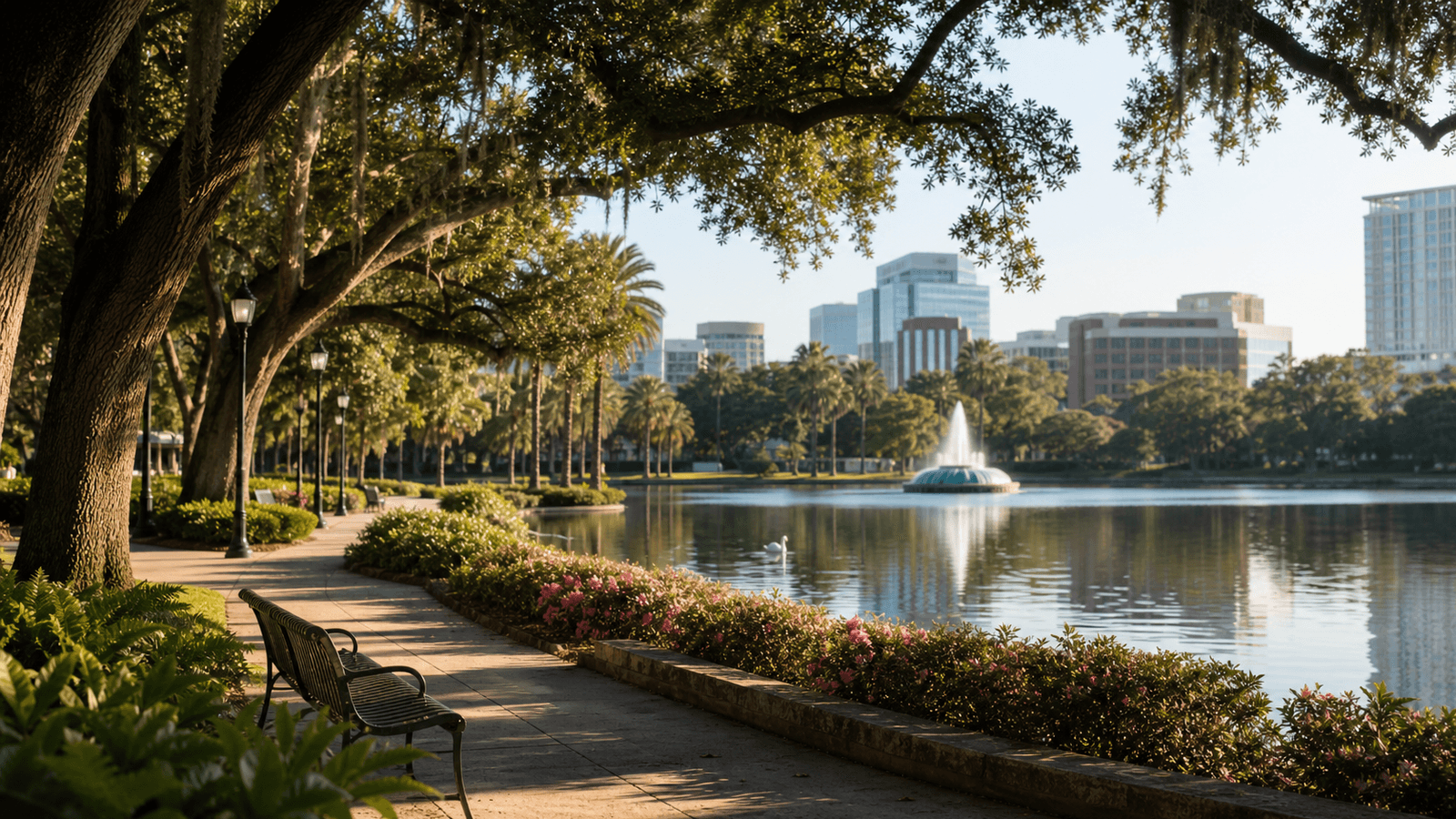 Tree-lined lakeside path with fountain and skyline