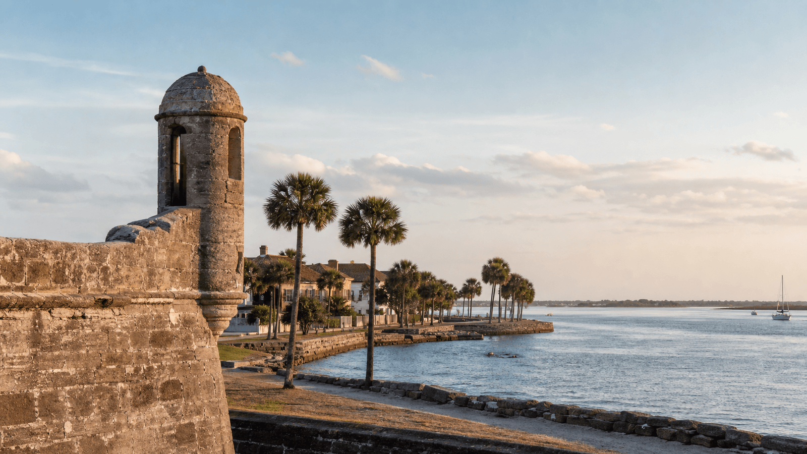 Stone fort wall and tower beside the water