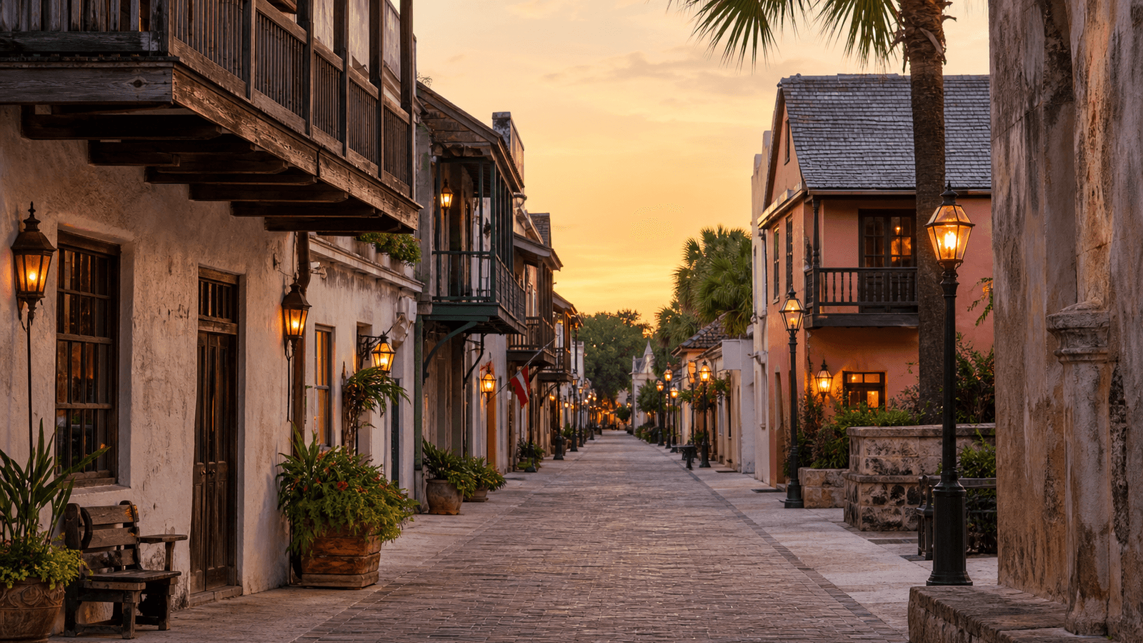 Historic street with wooden balconies