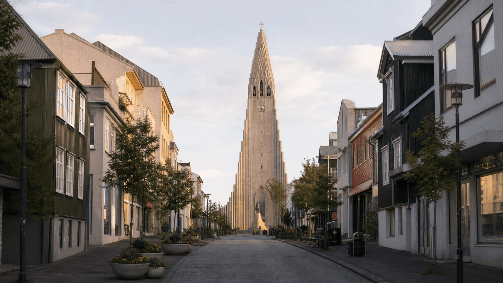 Church façade at the end of a street