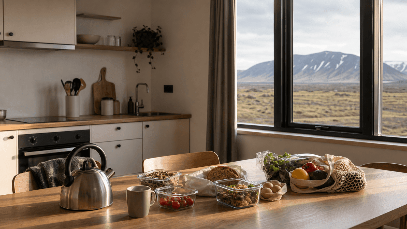 Kitchen and groceries beside a mountain-facing window