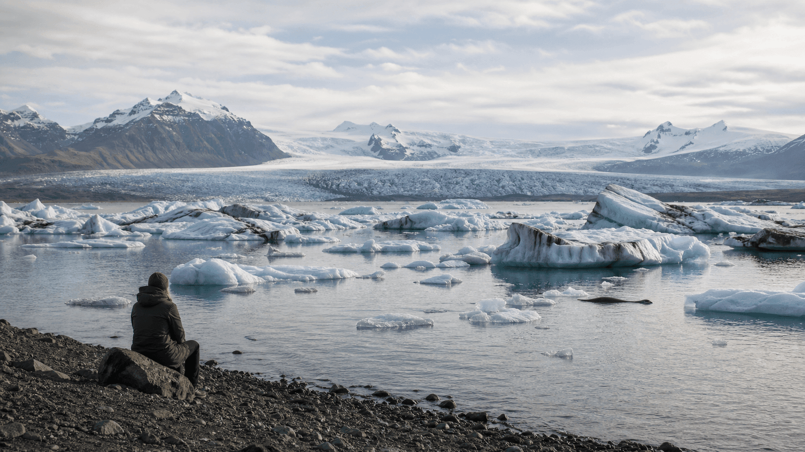 Person beside an iceberg lagoon