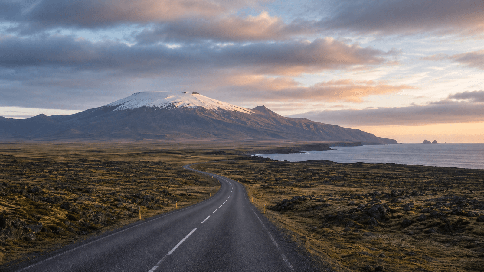 Road between coast and volcanic terrain
