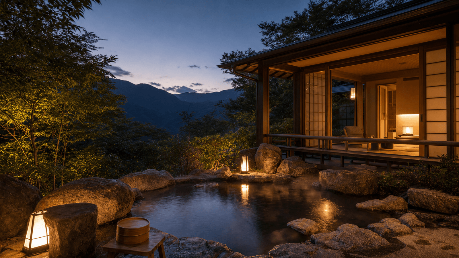 Lit outdoor stone bath beside a wooden building at dusk