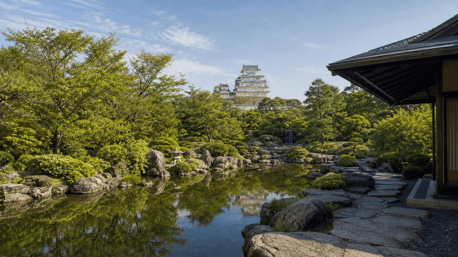 Garden pond with rocks, trees and a pavilion roof, with a white castle beyond