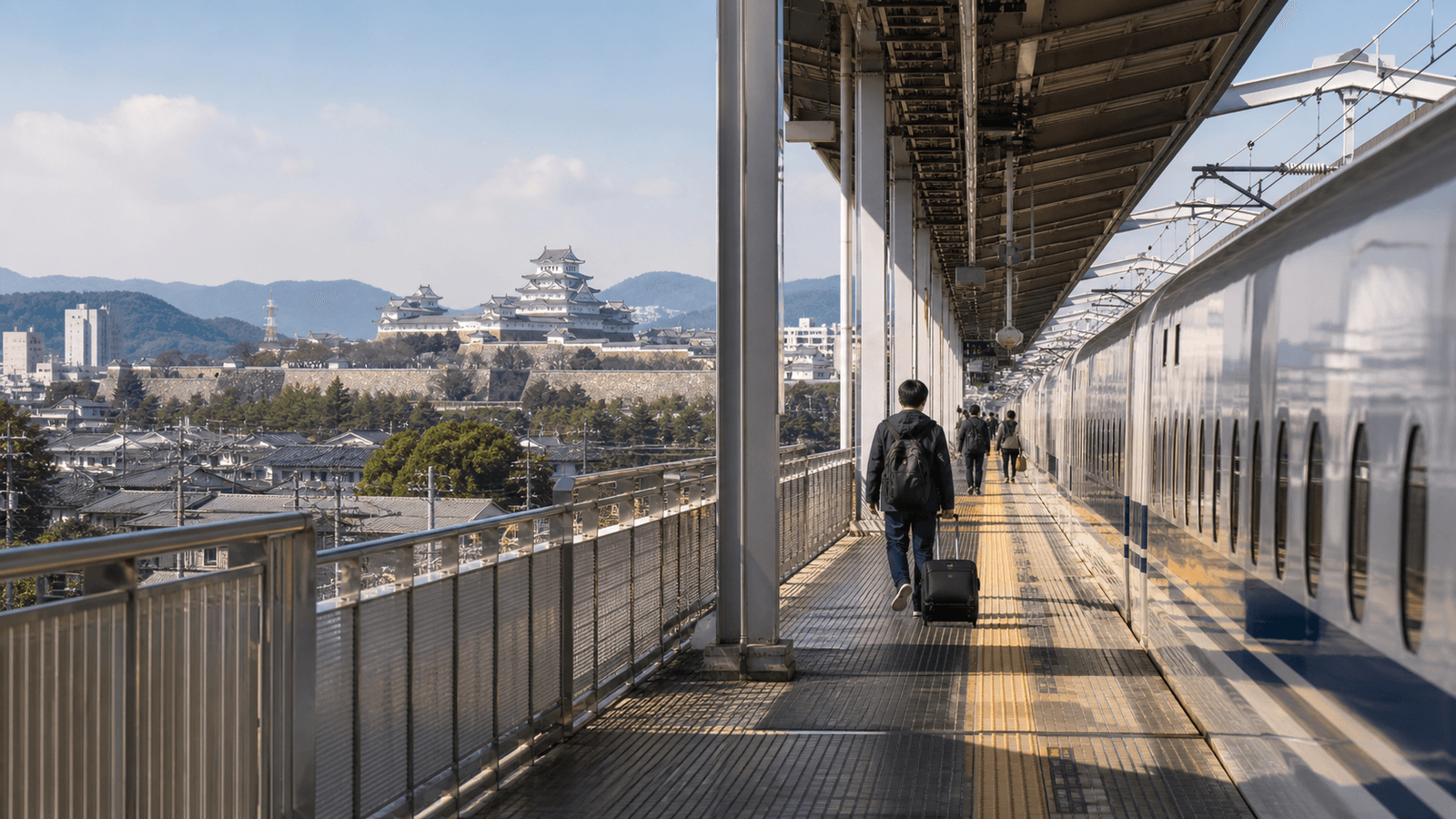 Traveler with a suitcase on a platform beside a high-speed train, with a castle beyond the city