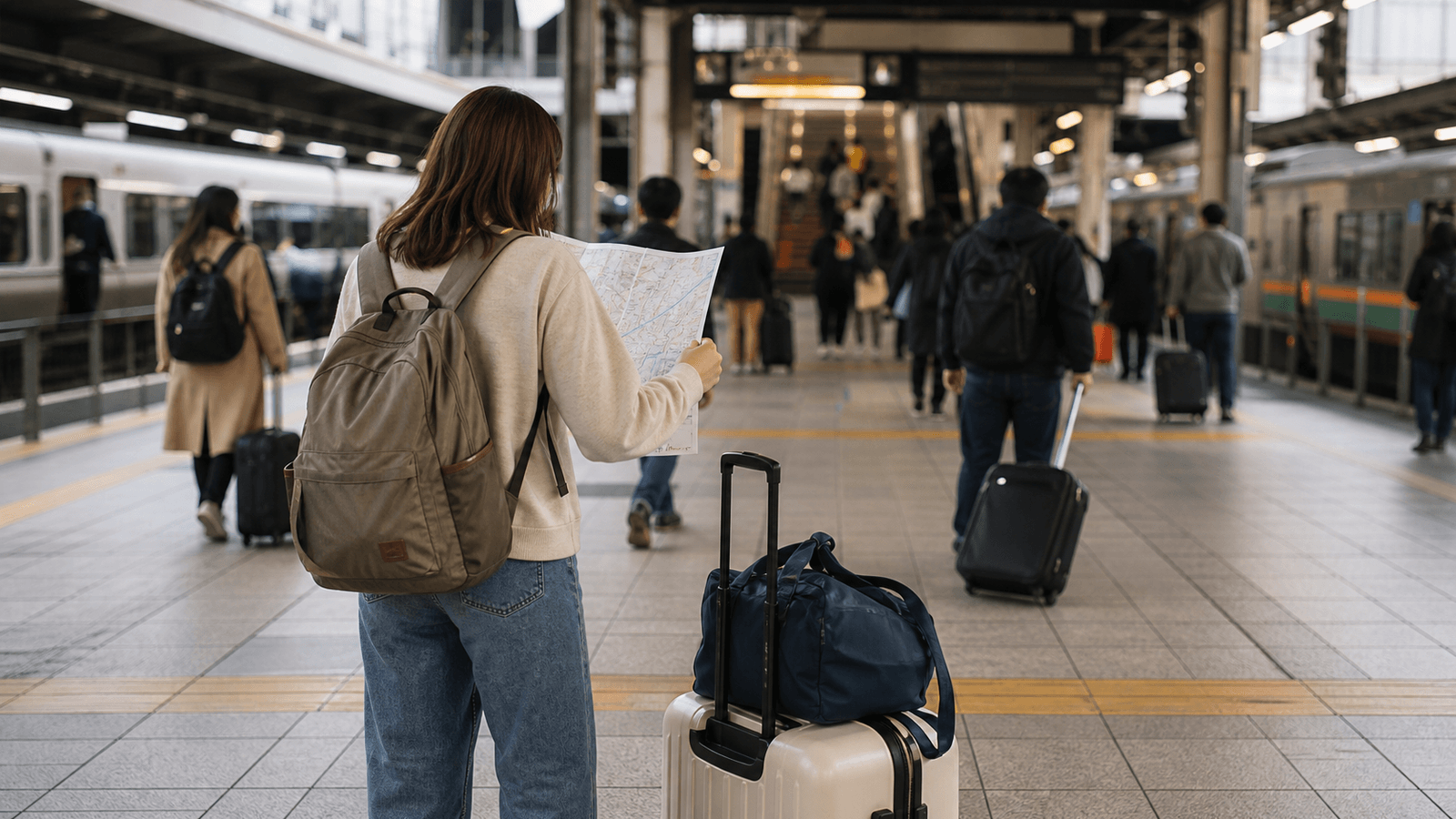 Traveler with a backpack and suitcase studying a map between two trains