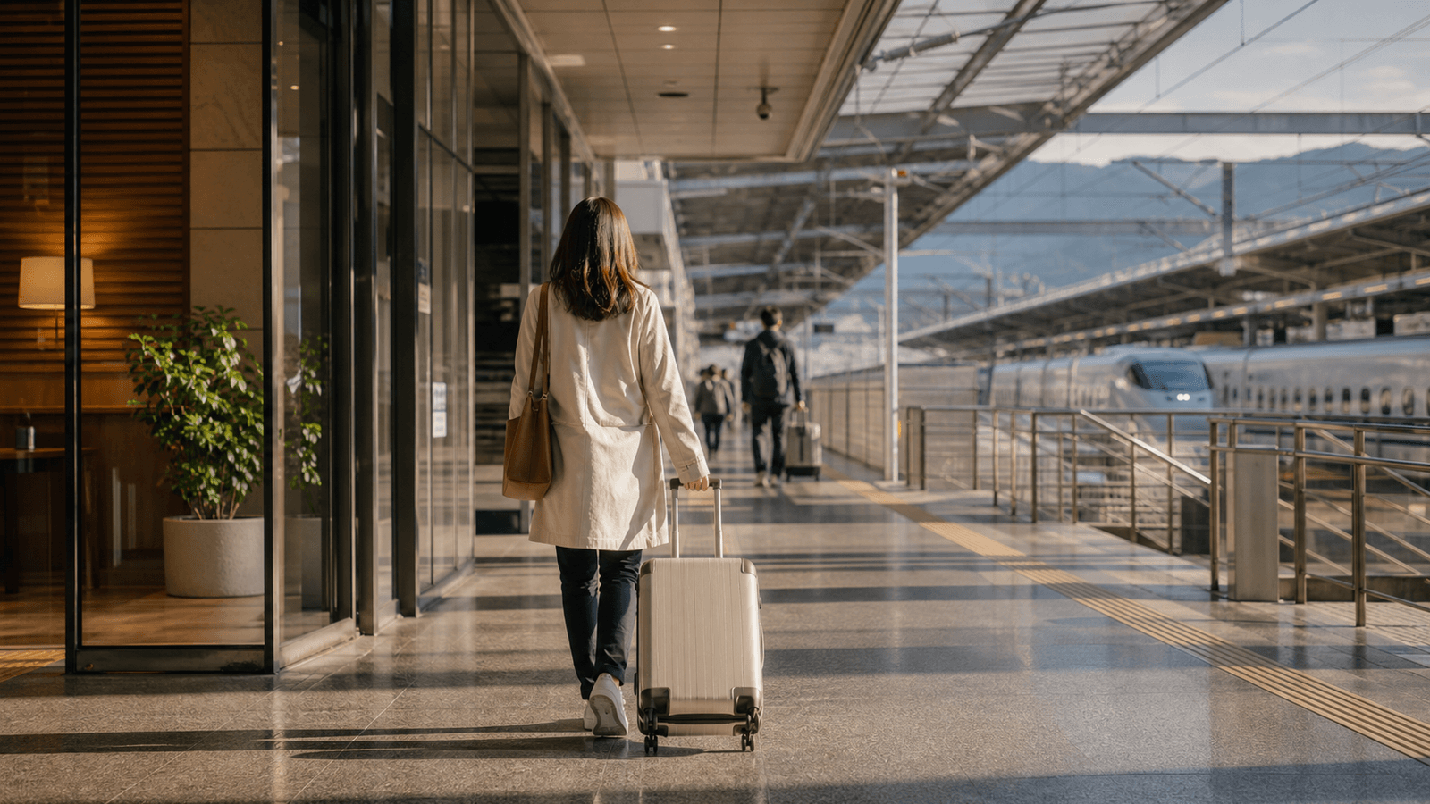 Traveler pulling a suitcase along a covered platform beside trains