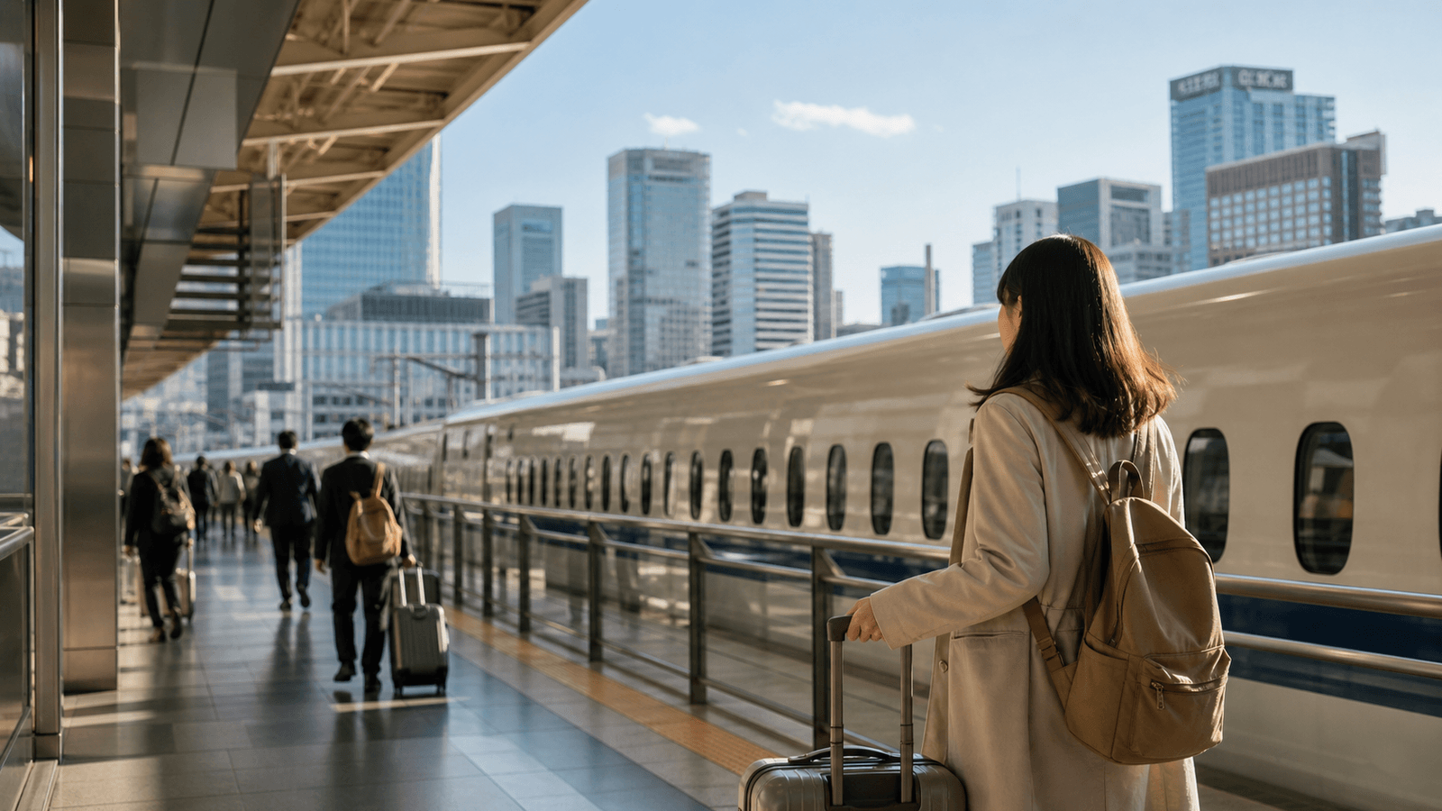 Traveler with a suitcase on a platform beside a white high-speed train