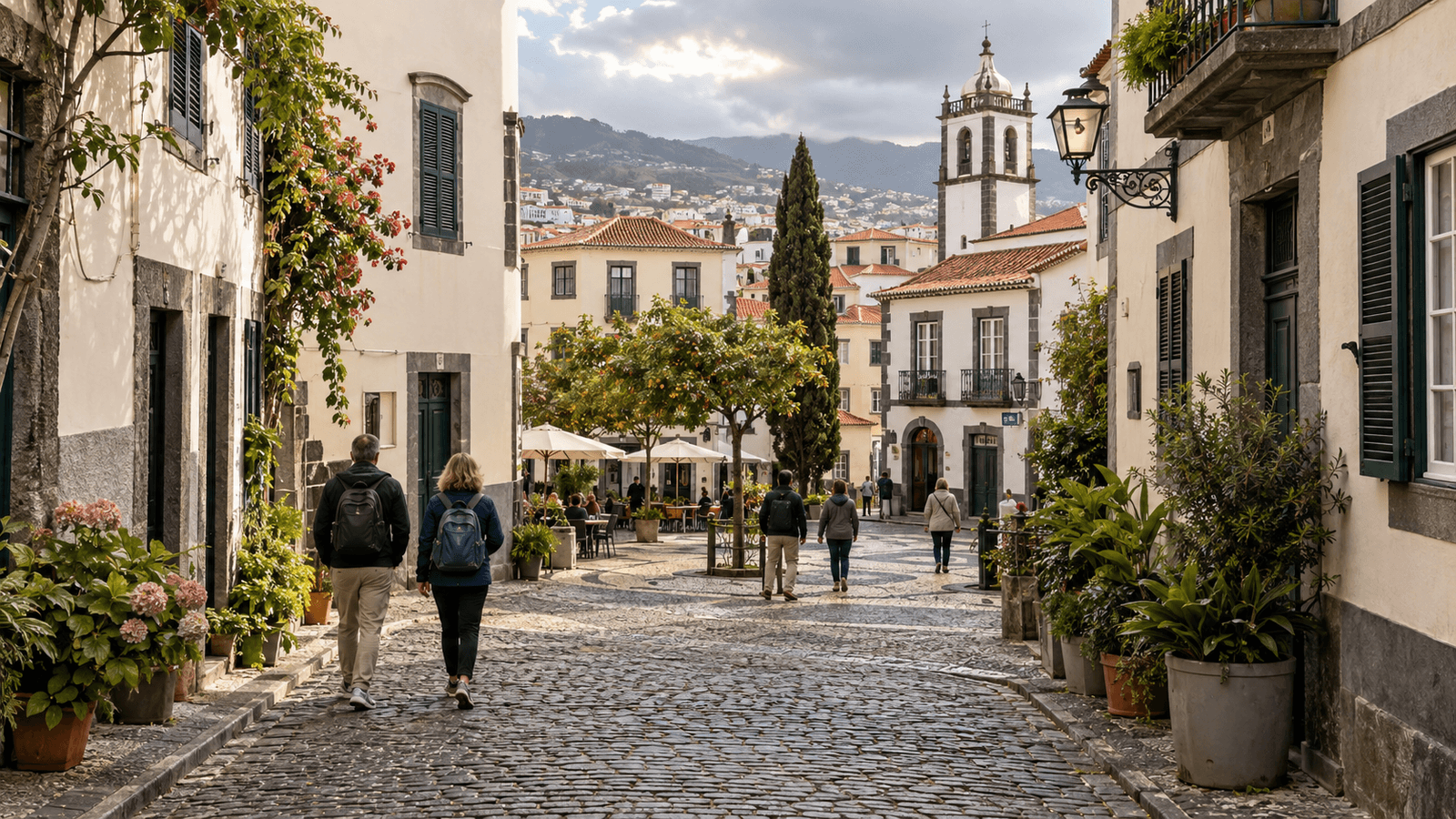 Illustration of a quiet Funchal street with light-coloured buildings and cafés.