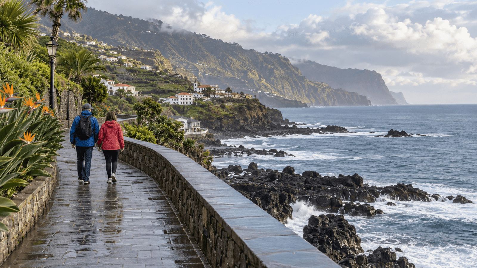 Illustration of a coastal walk on Madeira with Atlantic views and changing cloud cover.