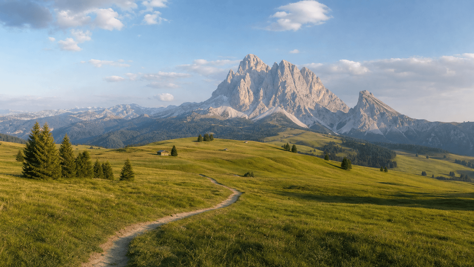 Narrow path across alpine meadows below a mountain group.