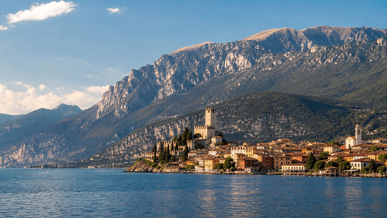 Lakeside town with a castle tower and mountains behind the shore.