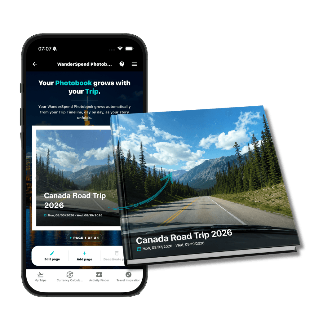 WanderSpend Photobook preview on iPhone with a printed photobook mockup