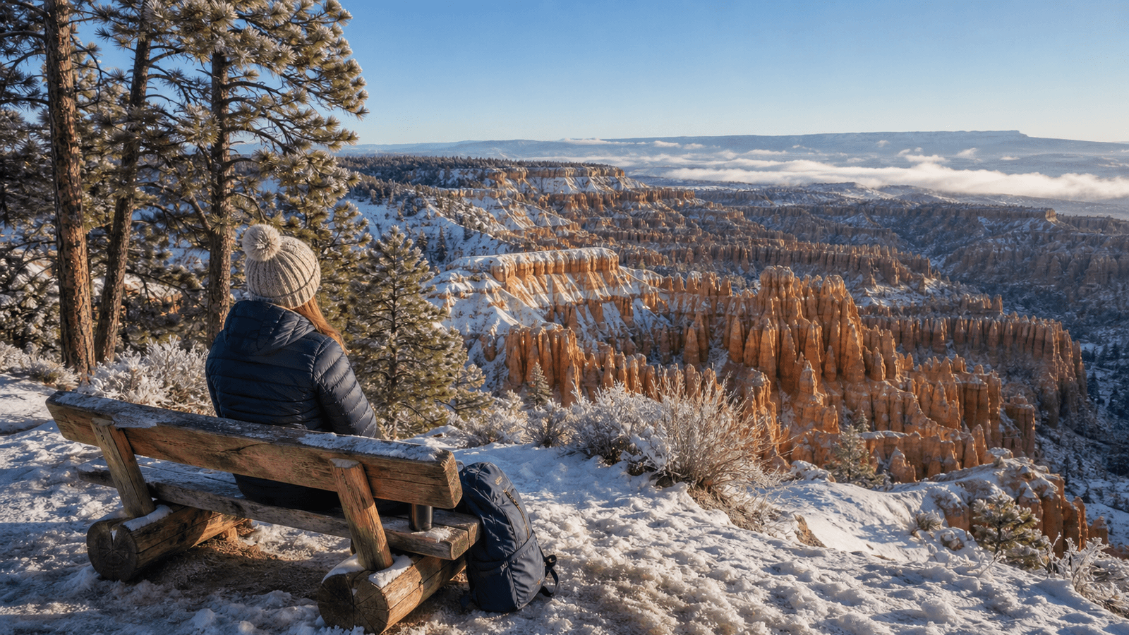 Visitor on a bench above snow-covered hoodoos