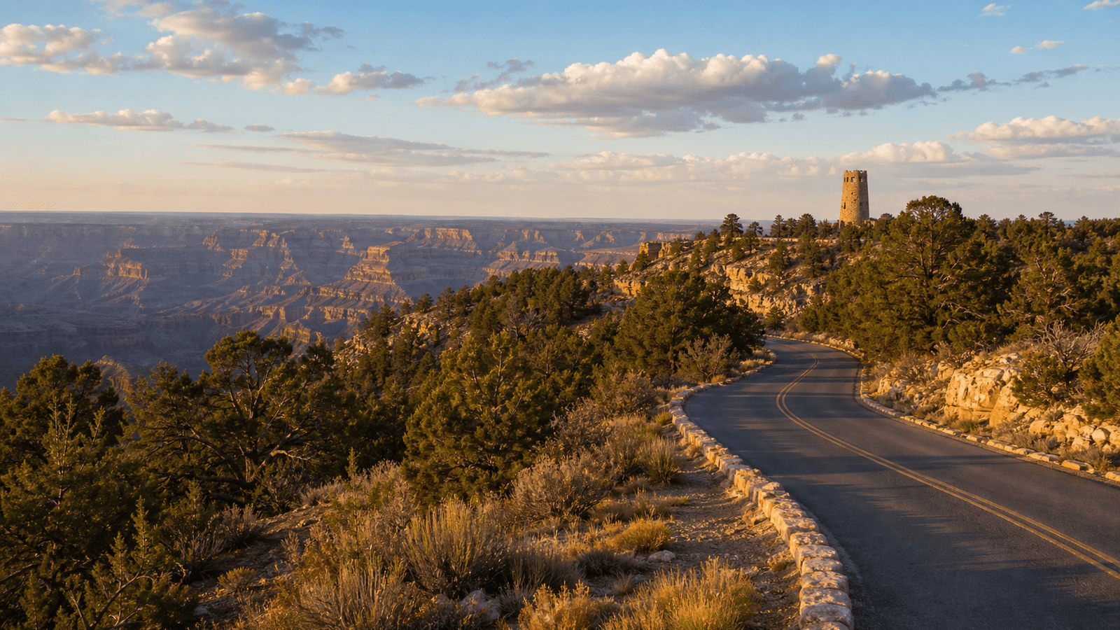 Road through conifers with a stone tower beside the canyon