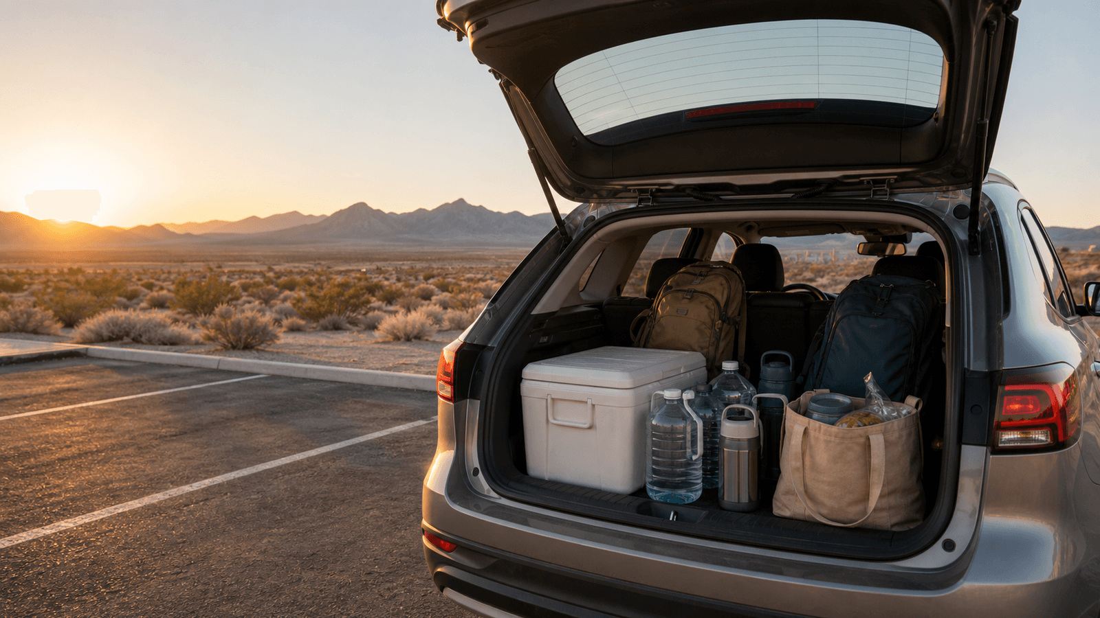 Water, cooler and bags in an open car boot