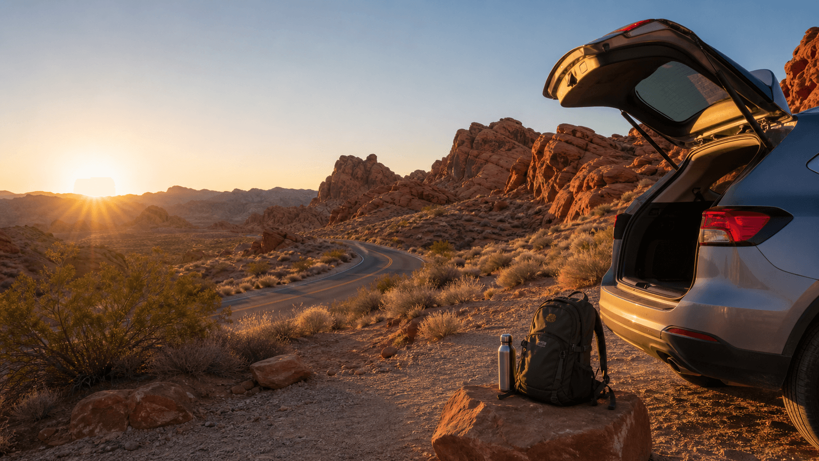 Car beside a rocky desert road in low light