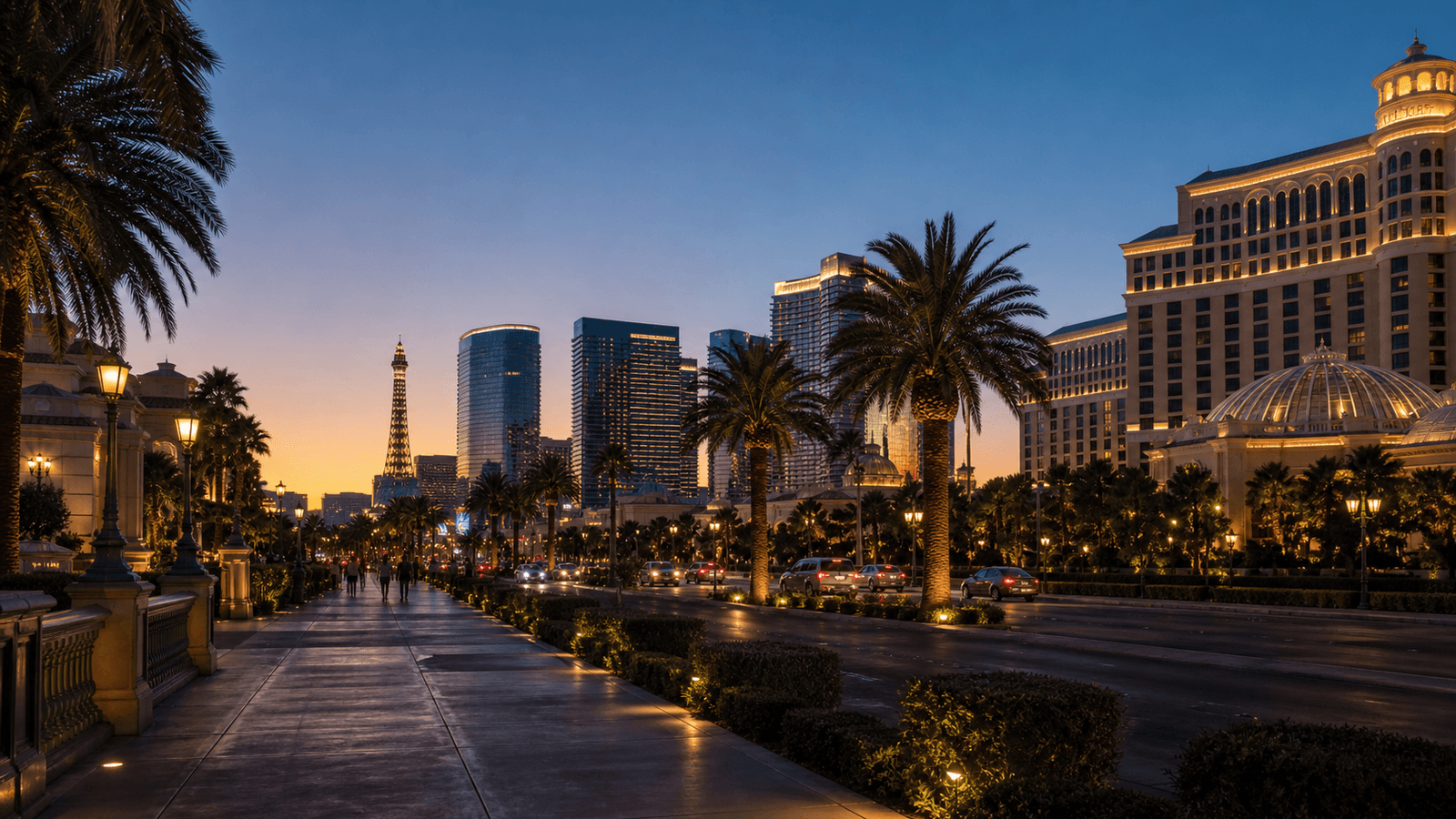 Hotel promenade with palms and illuminated facades