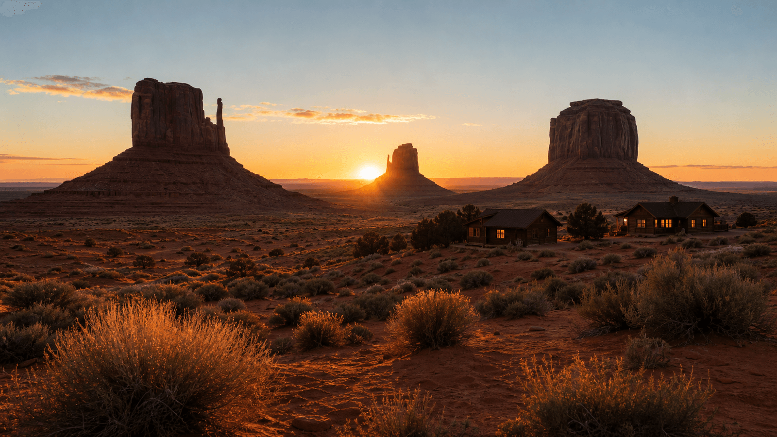 Evening sun behind buttes and low buildings
