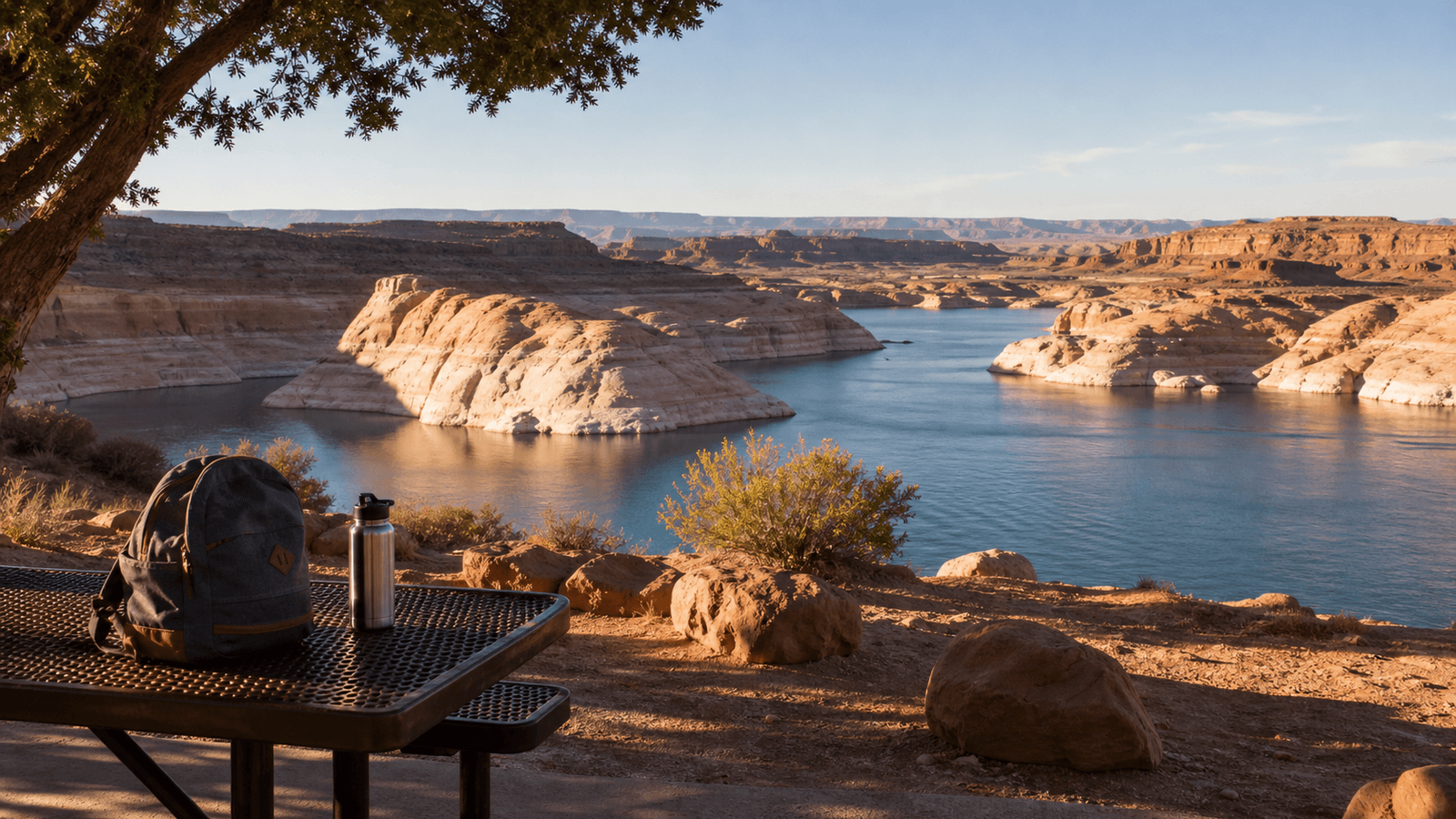 Seating area overlooking a lake and pale sandstone islands