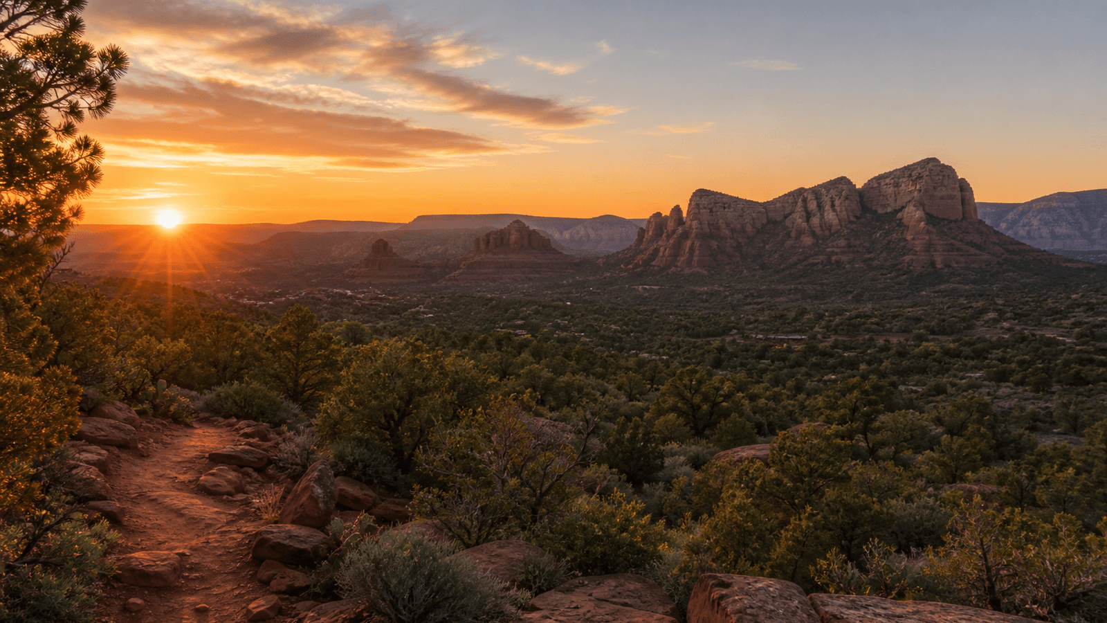 Desert panorama with red rocks in evening light