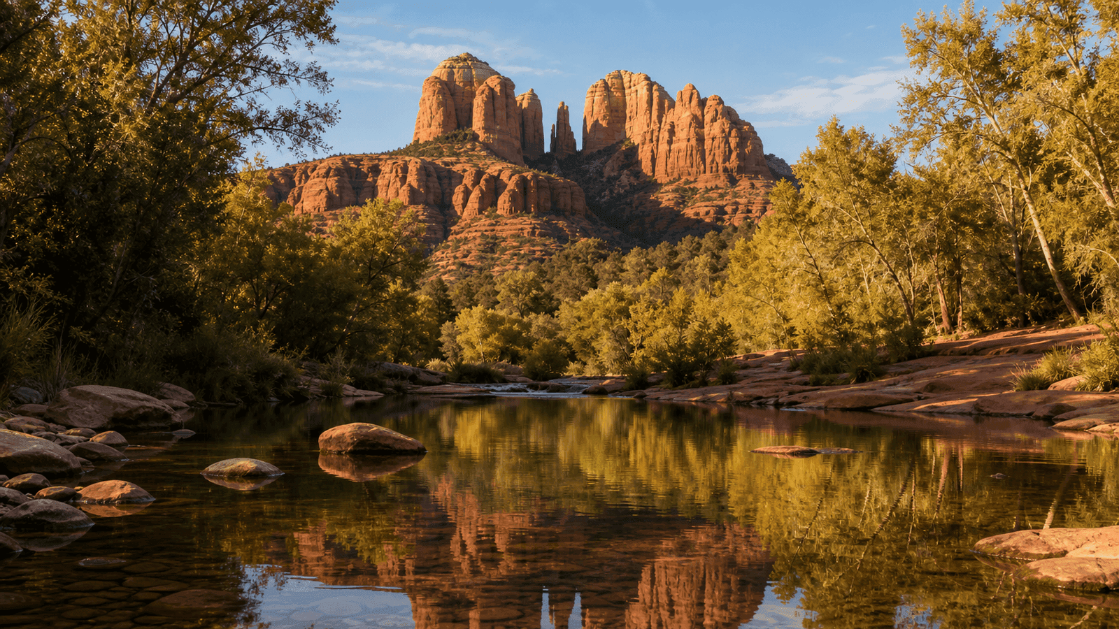 Red rock towers reflected in water between trees