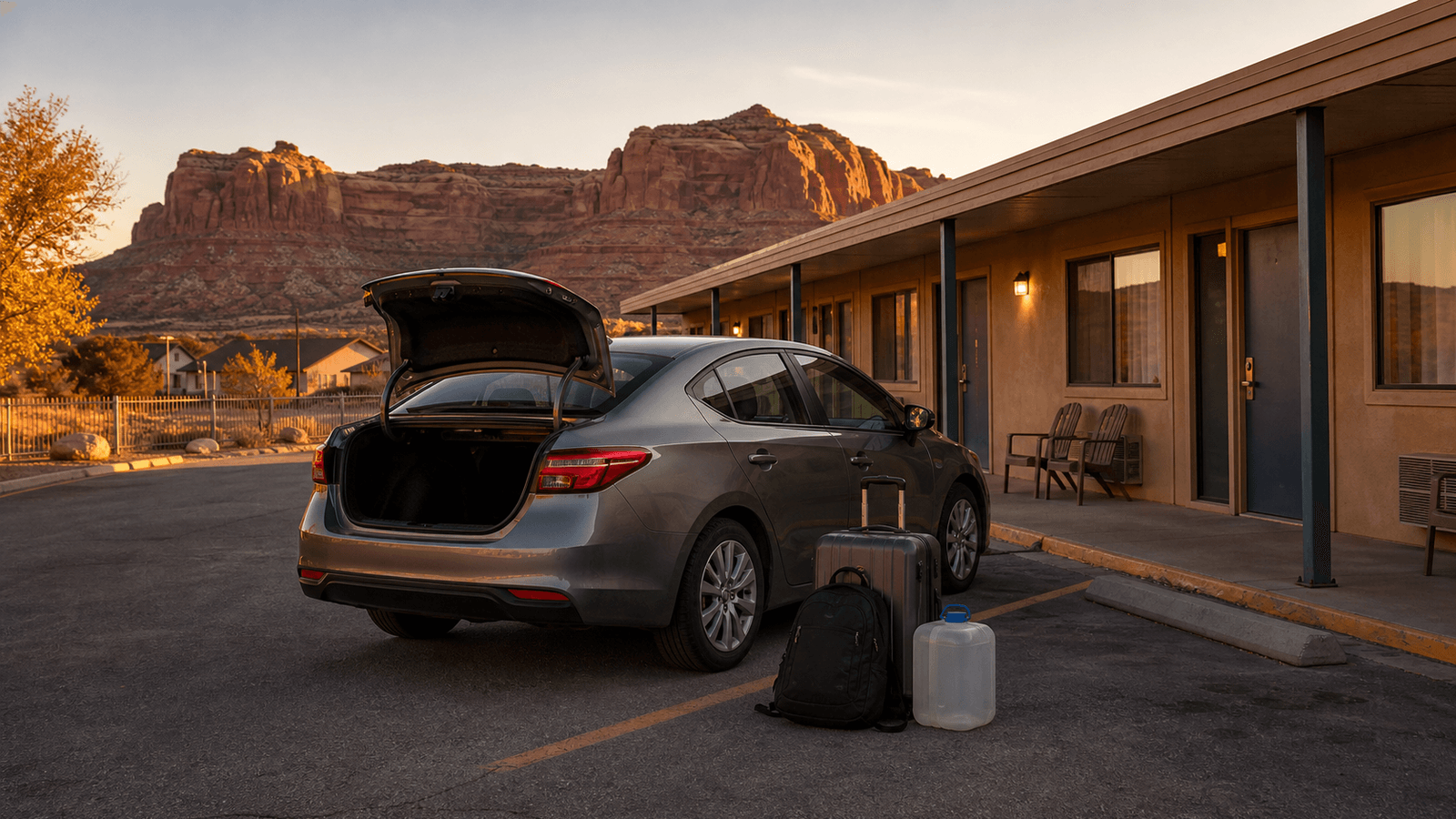 Car outside a motel among red rocks