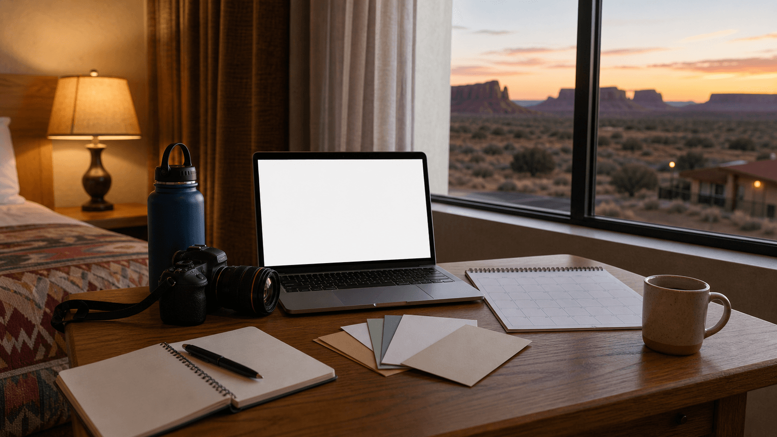 Laptop and notebook against a canyon landscape