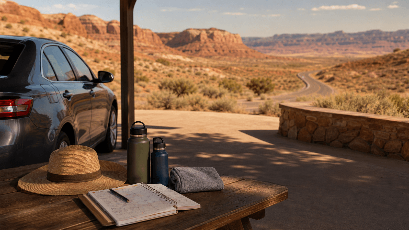 Water bottles and notes on a rest-stop table