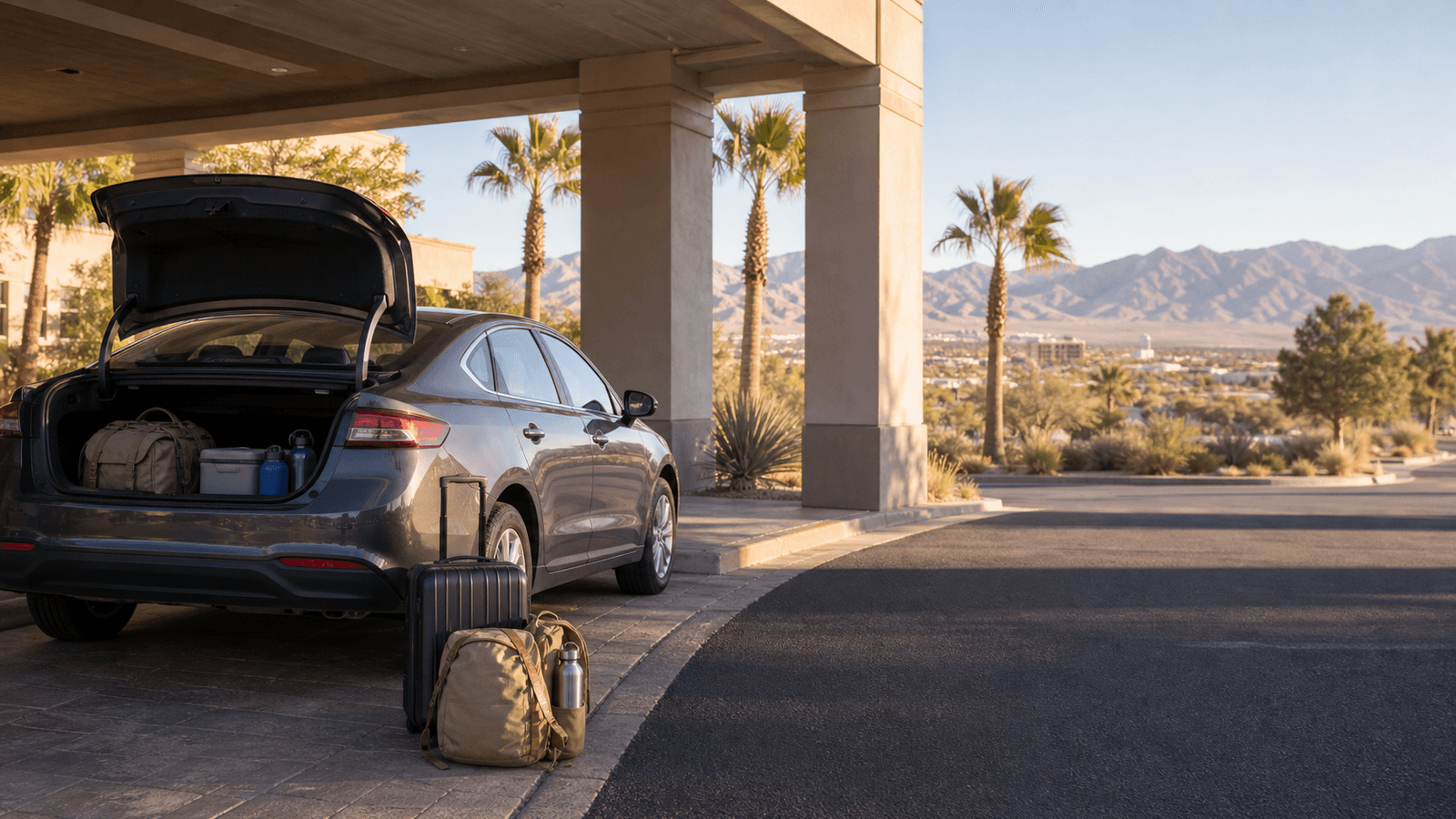 Rental car and luggage at a hotel