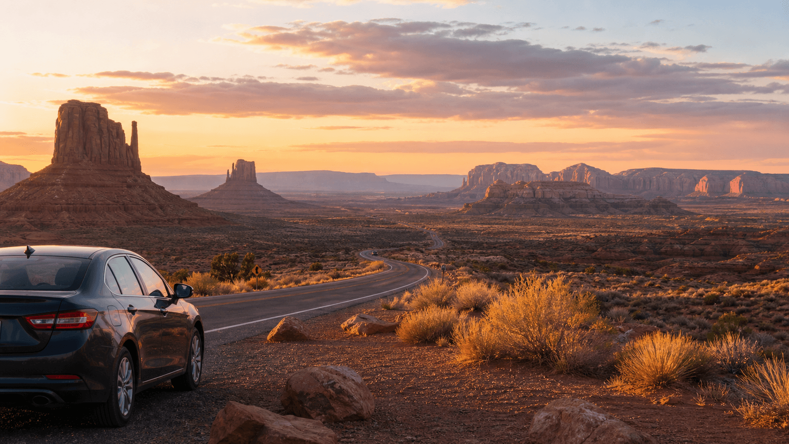 Mesas above a desert road with a car