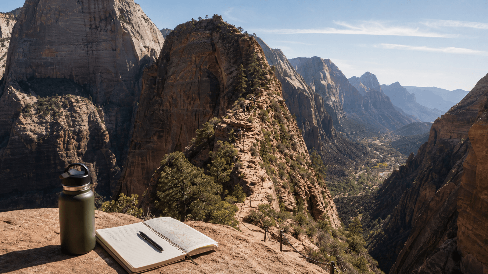 Narrow rock ridge with a notebook and water bottle in the foreground