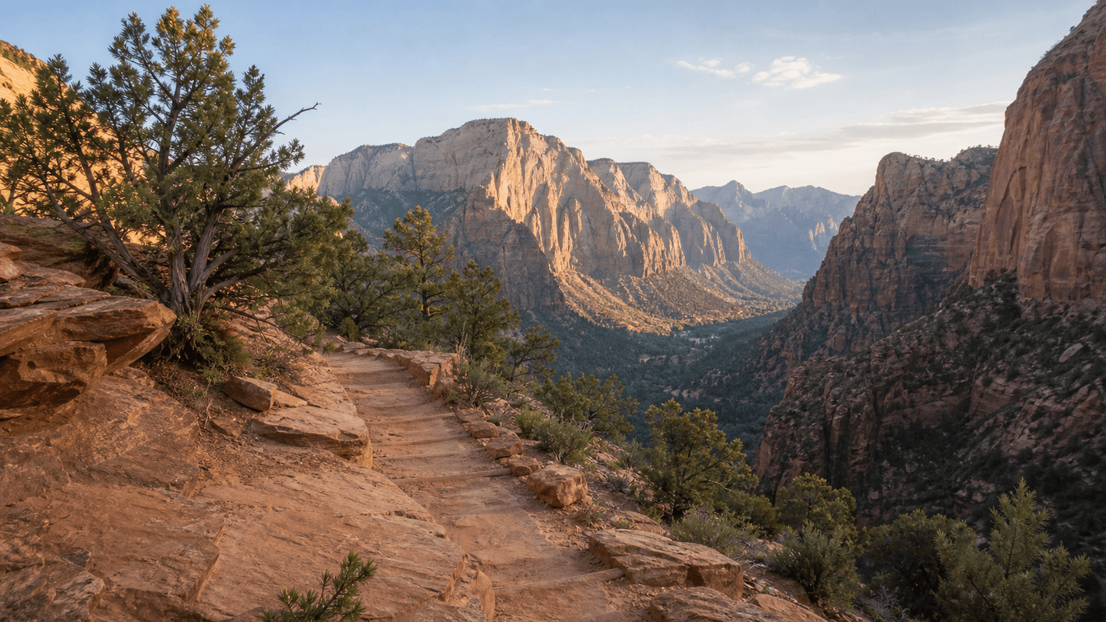 Rocky overlook path above a broad canyon valley