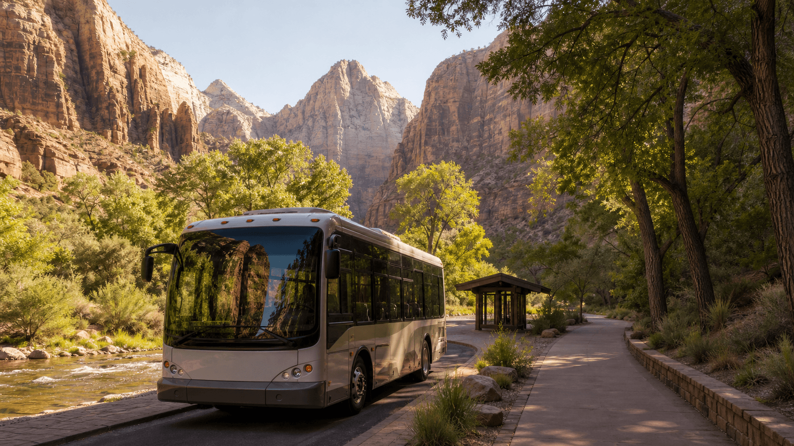 Bus beside a paved path beneath tall canyon walls