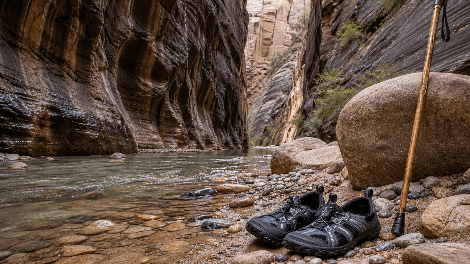 Water shoes and a walking pole on the rocky bank of a narrow river gorge