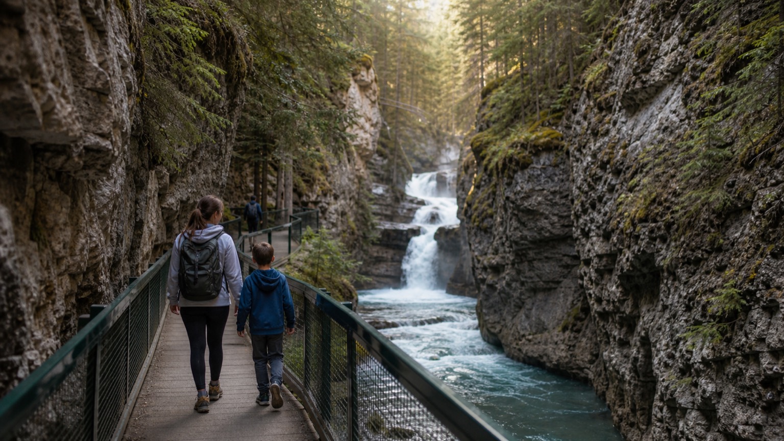 Narrow walkway through a wooded rock canyon