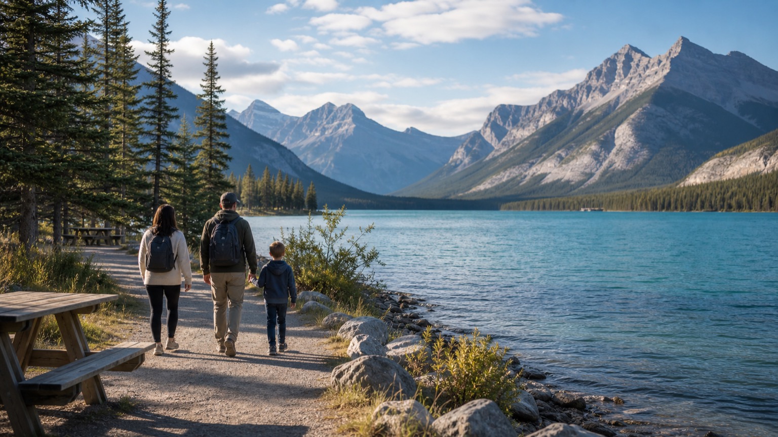 Family at a mountain lake shore