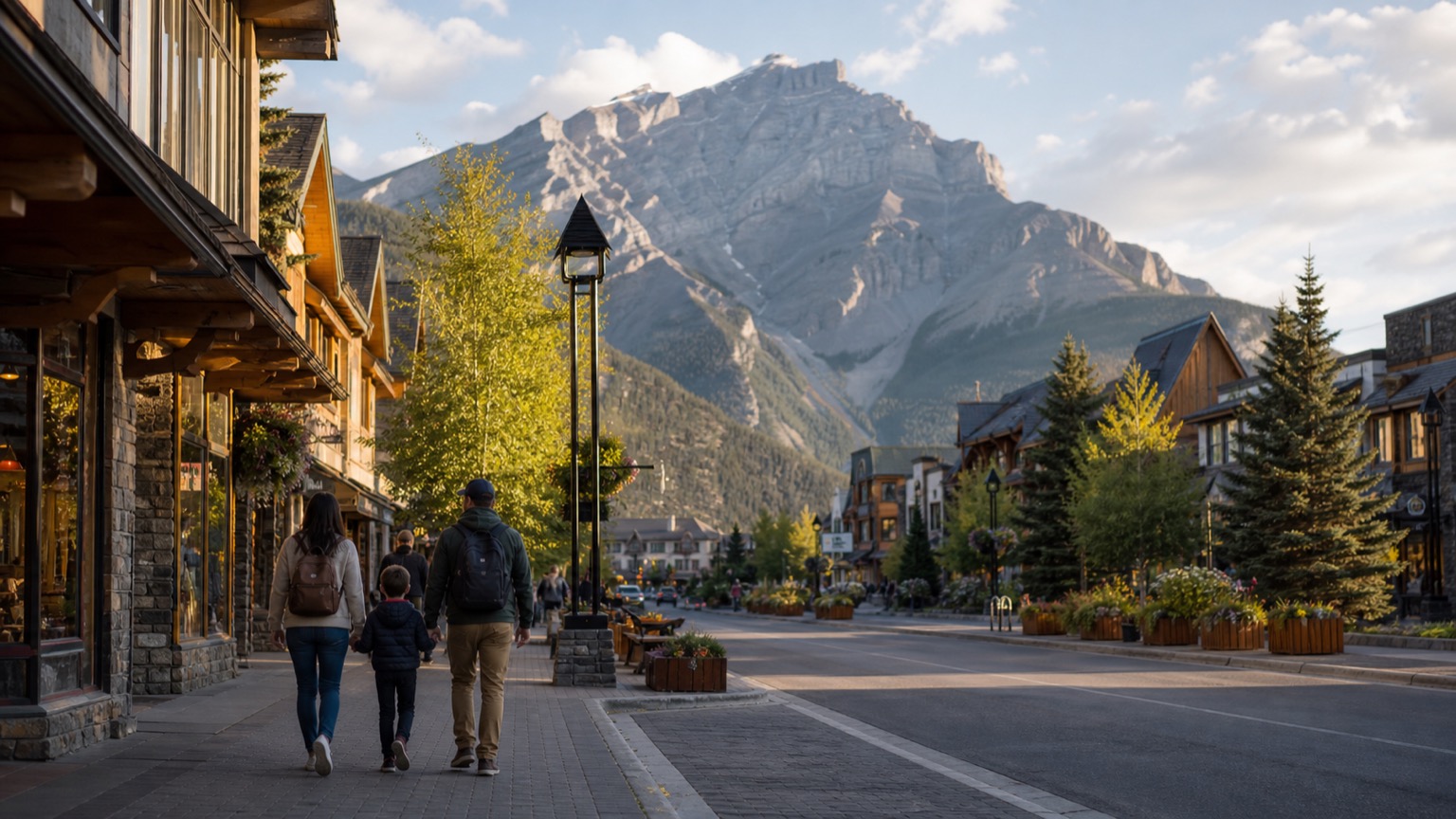 Street with buildings and a mountain backdrop