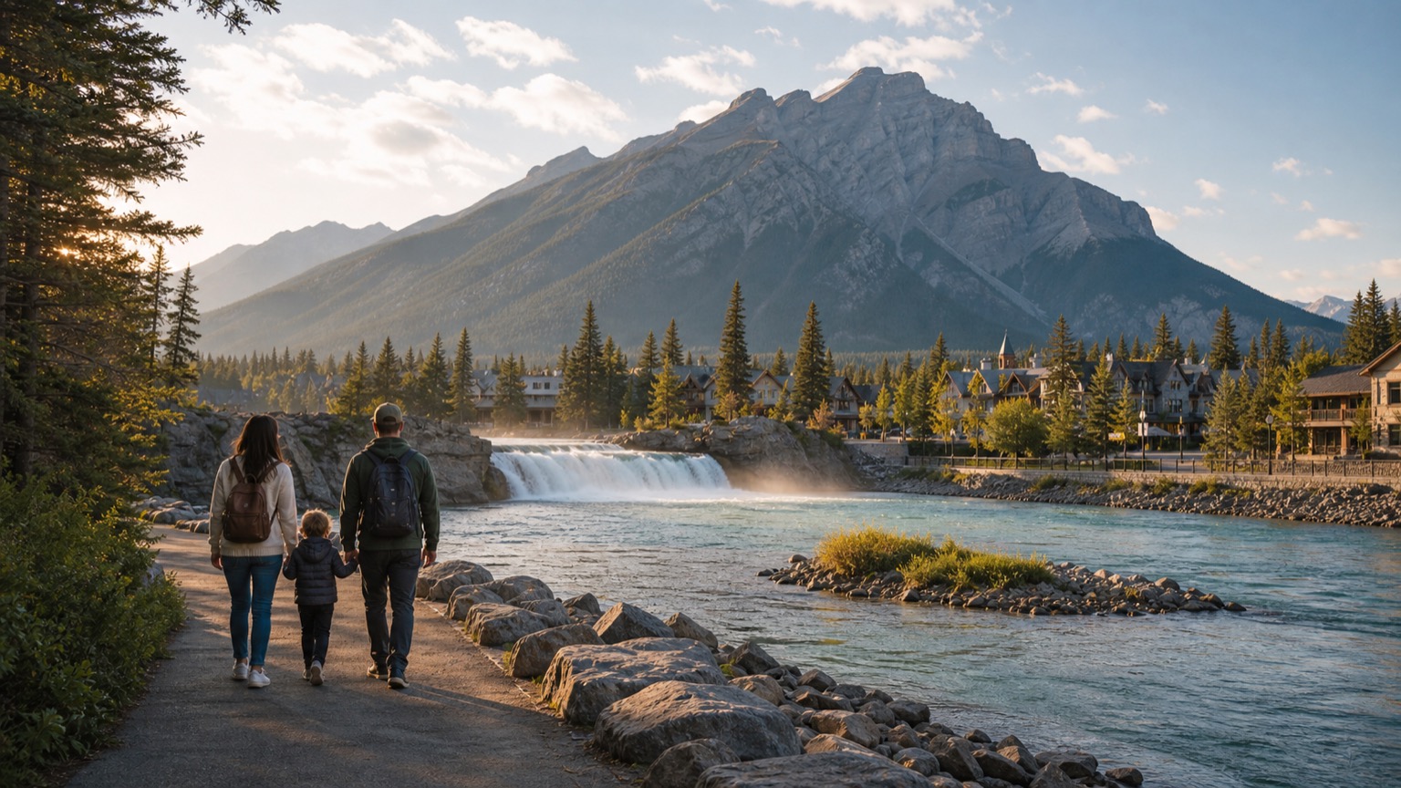 Walkers beside a river beneath mountains