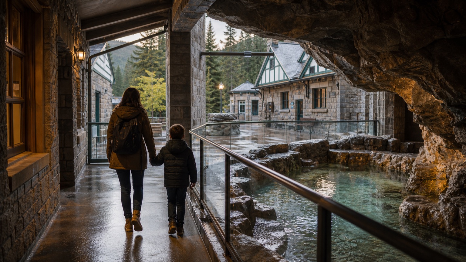 Covered walkway beside water and historic buildings
