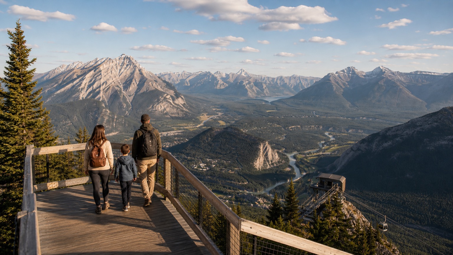 Visitors on a viewing platform above a broad mountain valley