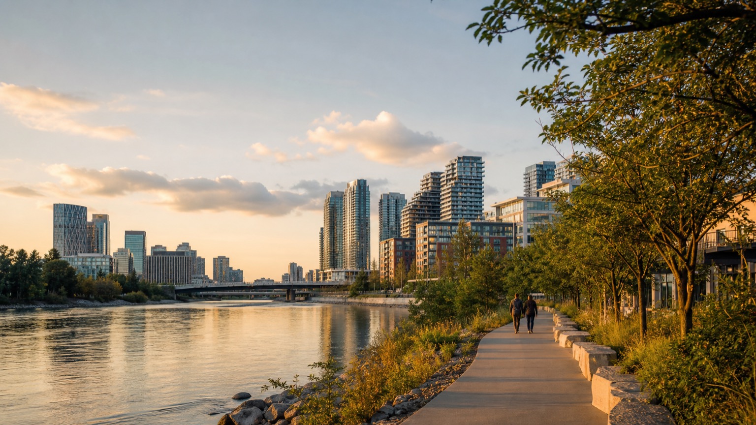 Walkers beside a river with a skyline behind