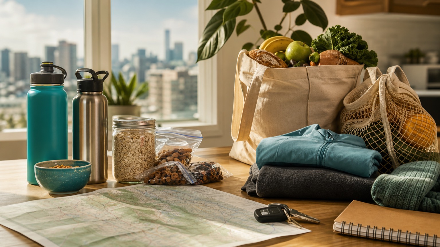 Groceries, clothing and water bottles on a table
