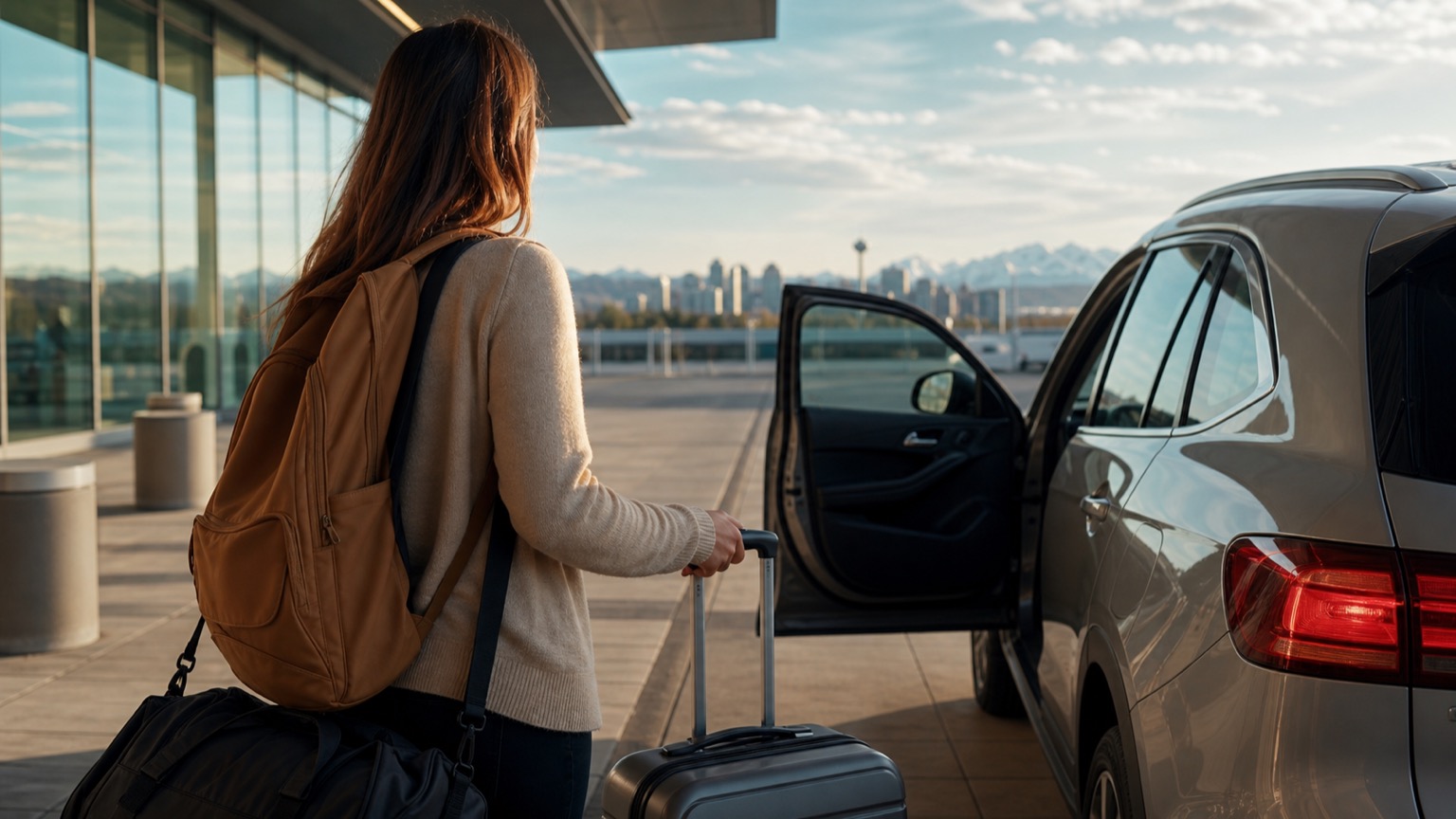 Traveler with luggage beside a rental car