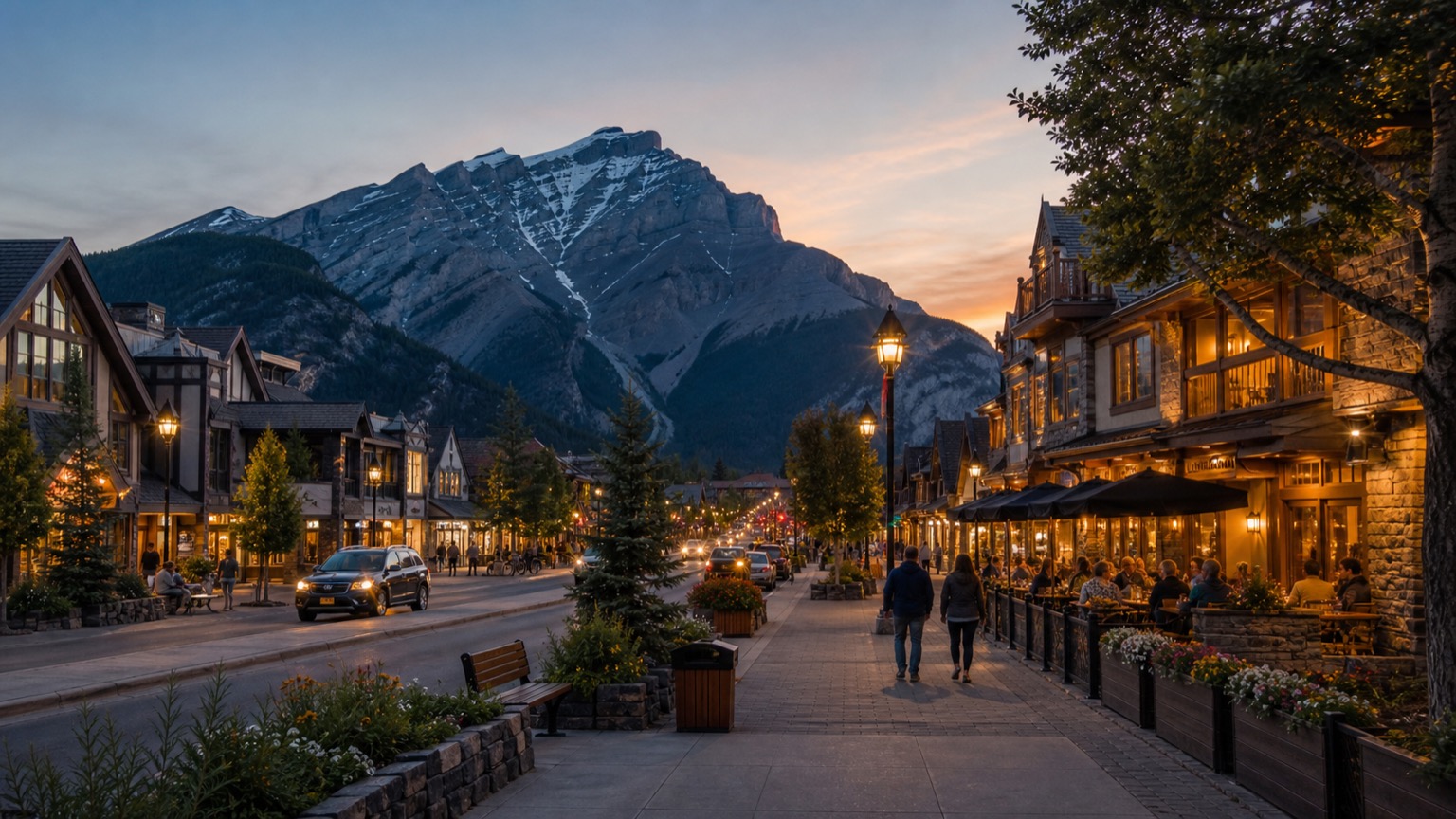 Lit shopping street beneath mountains